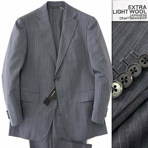 新品 スーツカンパニー 春夏 EXTRA LIGHT ウール 2パンツ スーツ BE5 (幅広M) 灰 【J54918】 170-2D セットアップ ストライプ サマー メン