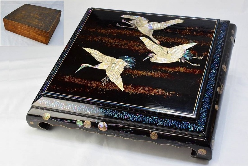 日本美術 長崎螺鈿 細密青貝象嵌平卓 蒔絵 木製時代漆器 箱付