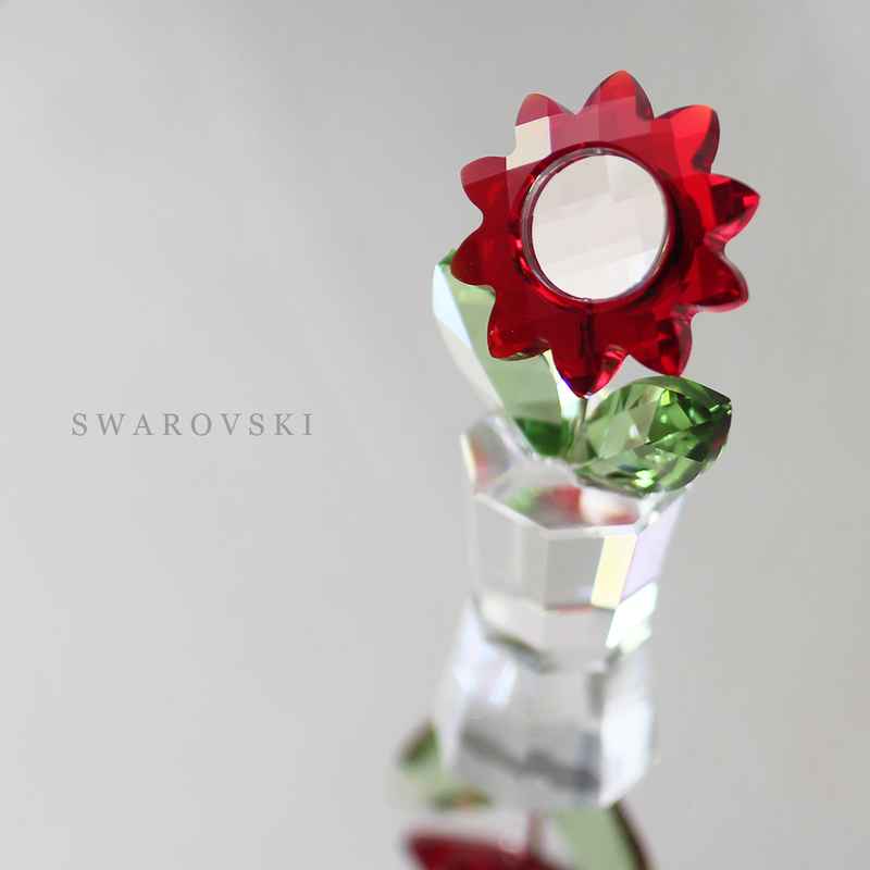 美品 スワロフスキー SWAROVSKI フラワー ポット オブジェ 花 置物 クリスタル 鉢植え 赤 レッド 札幌
