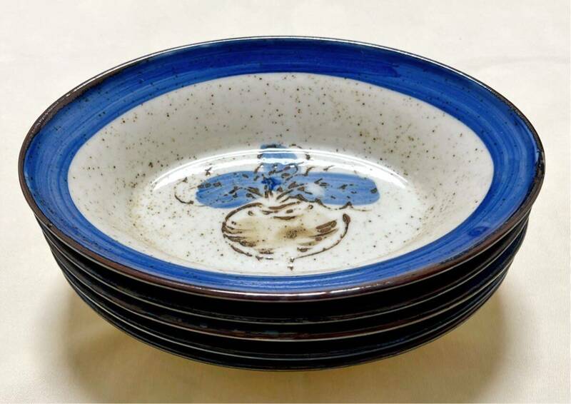未使用　陶磁器　昭和レトロ　かぶ柄　オーバル楕円深鉢　カレー皿5個