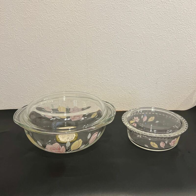 調理器具 花柄 パイレックス　キャセロール　耐熱ガラス　グラタン皿　中古