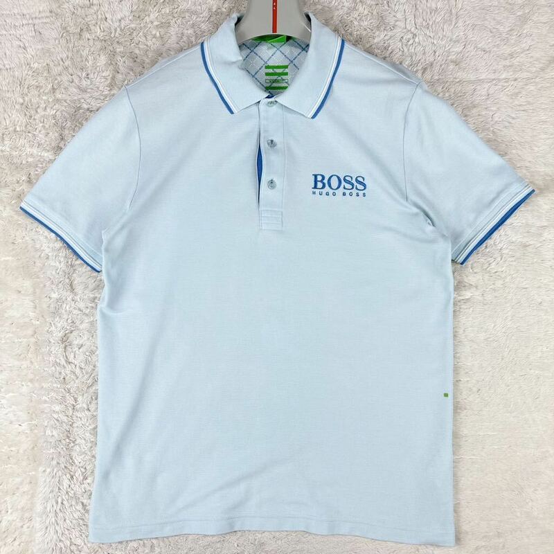1円 良品 L~XL.LL ヒューゴボス HUGO BOSS半袖ポロシャツ ゴルフェア 刺繍ロゴ 総柄 ロゴボタン メンズ スカイブルー
