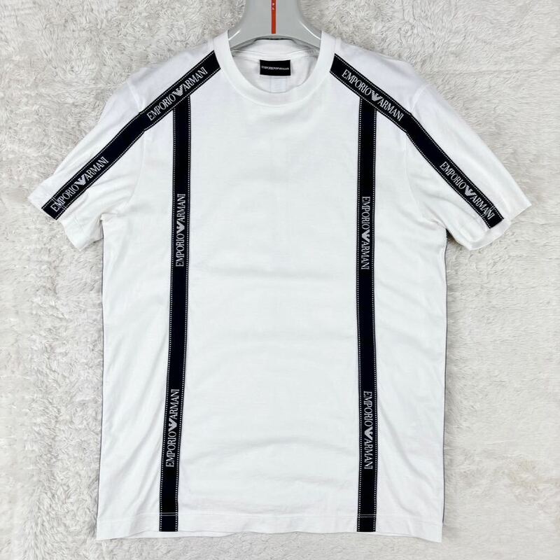 1円 良品 M~L エンポリオアルマーニ EMPORIO ARMANI Tシャツ カットソー ロゴテープ シルケットジャージー製 メンズ ホワイト