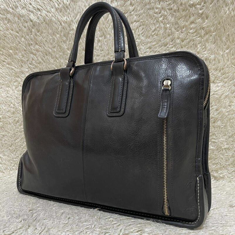 《美品》土屋鞄 ウルバーノ アーバン ブリーフケース レザー ビジネスバッグ オールレザー 本革 A4収納 ステッチ メンズ ブラック 黒