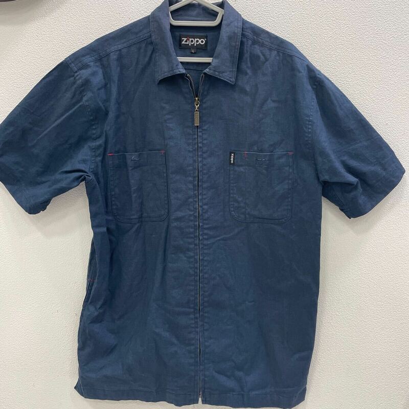 90s ヴィンテージ　zippo ZIP 半袖シャツ シャツ ワークシャツ ネイビー　半袖ワークシャツ ジッポ　Lサイズ