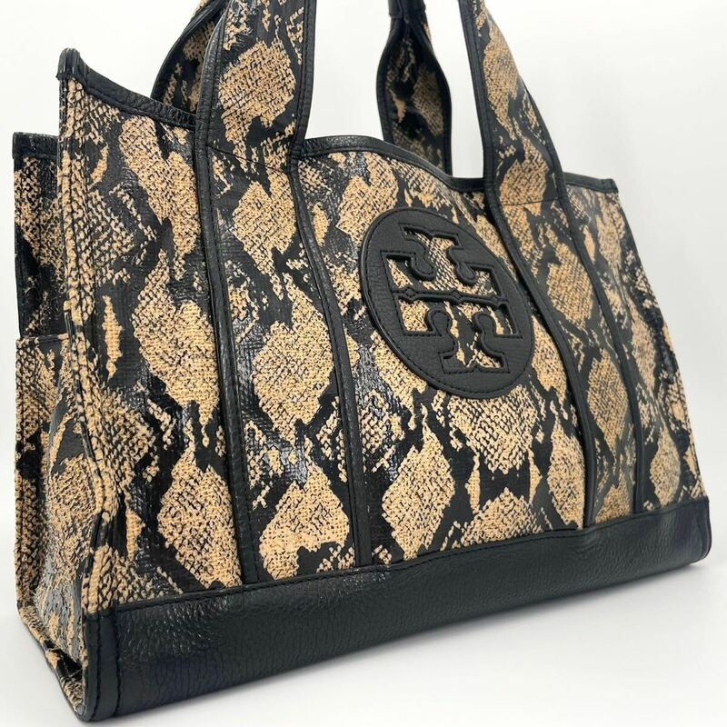 極美品/A4収納 ●TORY BURCH トリーバーチ メンズ トートバッグ ハンドバッグ ●エラ パイソン レザー 肩掛け ロゴ金具 ブラック ベージュ