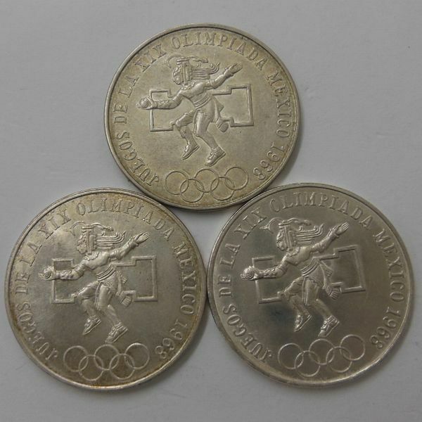 メキシコオリンピック25ペソ銀貨3枚　1968　メキシコ合衆国United Mexican States　外国硬貨　海外硬貨お安くどうぞ