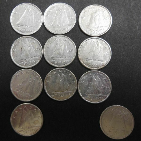 j: CANADA　10セント銀貨１0枚プラス1枚おまけ　1951や1959などばらばらいろいろ　Silver 現状渡しお安くどうぞ