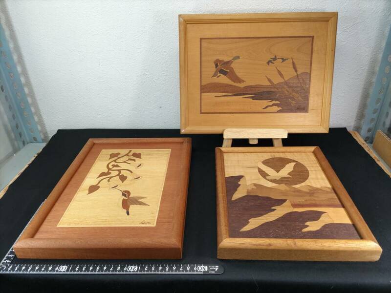 ■送料無料！■まとめて■海外・アメリカの象嵌細工■ＭＡＲＱＵＥＴＲＹ■木画■額■木製■壁掛け■アンティーク■３点セット！