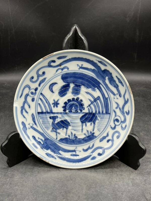 R6052129 大皿 飾皿 染付 骨董 古美術 時代物　在銘　鶴　