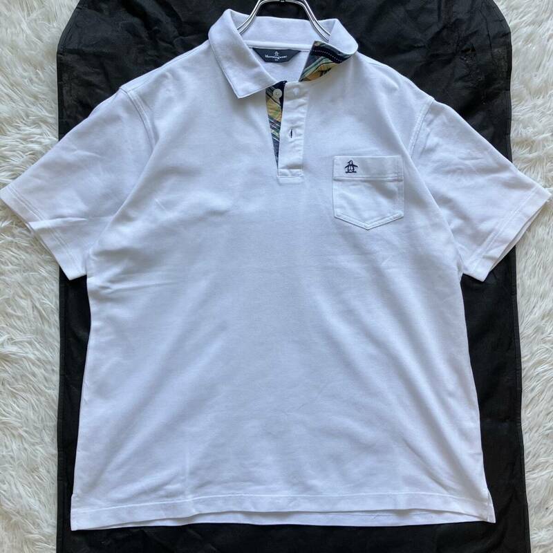 美品 XL Munsingwear マンシングウェア 鹿の子 ポロシャツ チェック リネン 形態安定 半袖 ゴルフウェア ホワイト 白 ペンギン刺繍 LL