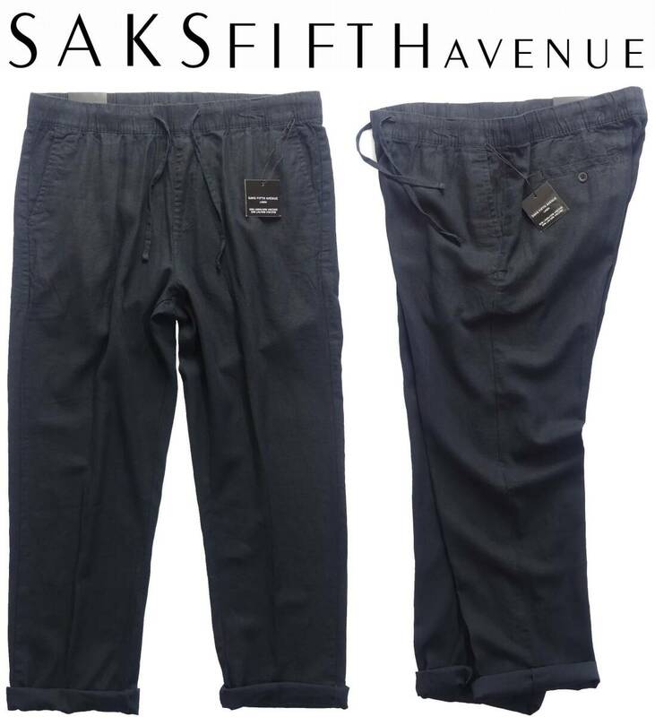 春夏物新品SAKS FIFTHAVENUEサックス★無造作ロールアップがお勧め。涼しさも質感も◎ソフトリネン黒イージーパンツ【欧米XL＝38～42インチ