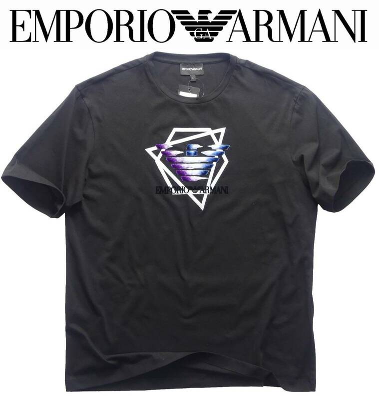 春夏物40,000円新品EMPORIO ARMANIアルマーニ★ほんのりルーズ感が洒落ている起毛ベロアロゴの高級感◎黒Tシャツ【欧米XL＝日本XXL】