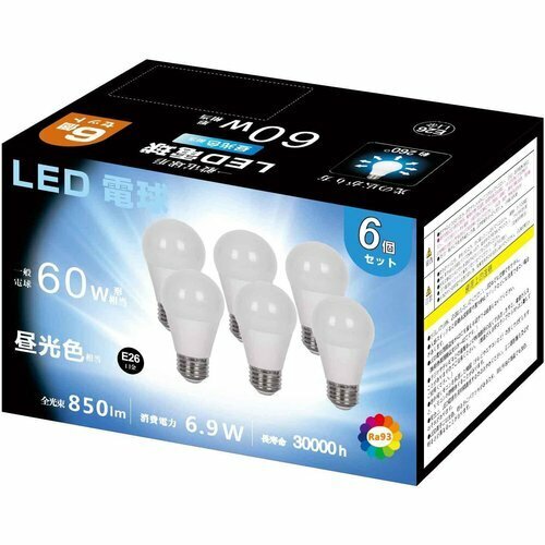新品 LED電球 60型昼光色 6個入り 調光不可 断熱材施工器具対応 応 昼光色 60W形相当 6.9W E26口金 174
