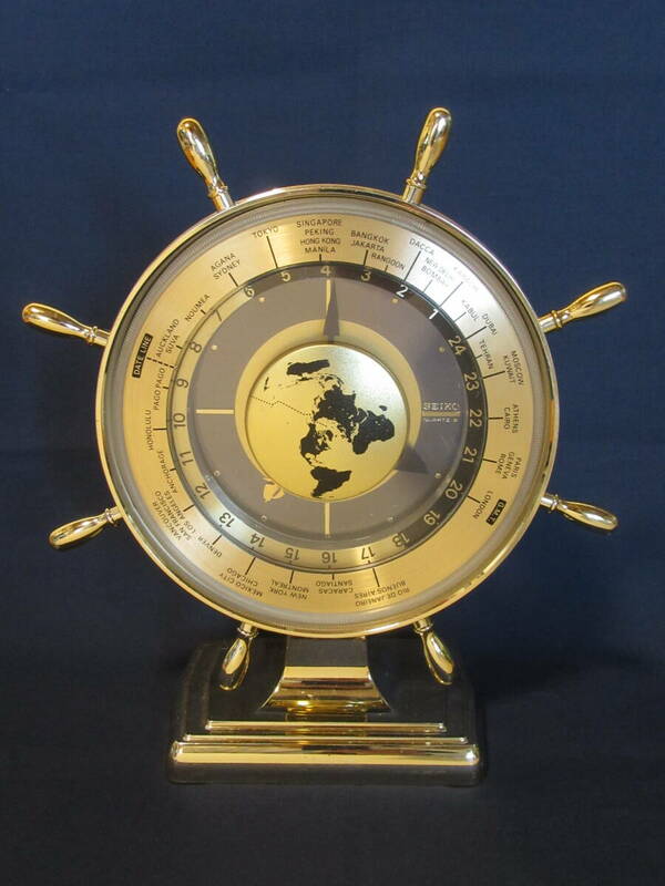 ☆SEIKO セイコー「舵輪型 世界時計 クォーツ 置時計」中古 稼働品　レトロ
