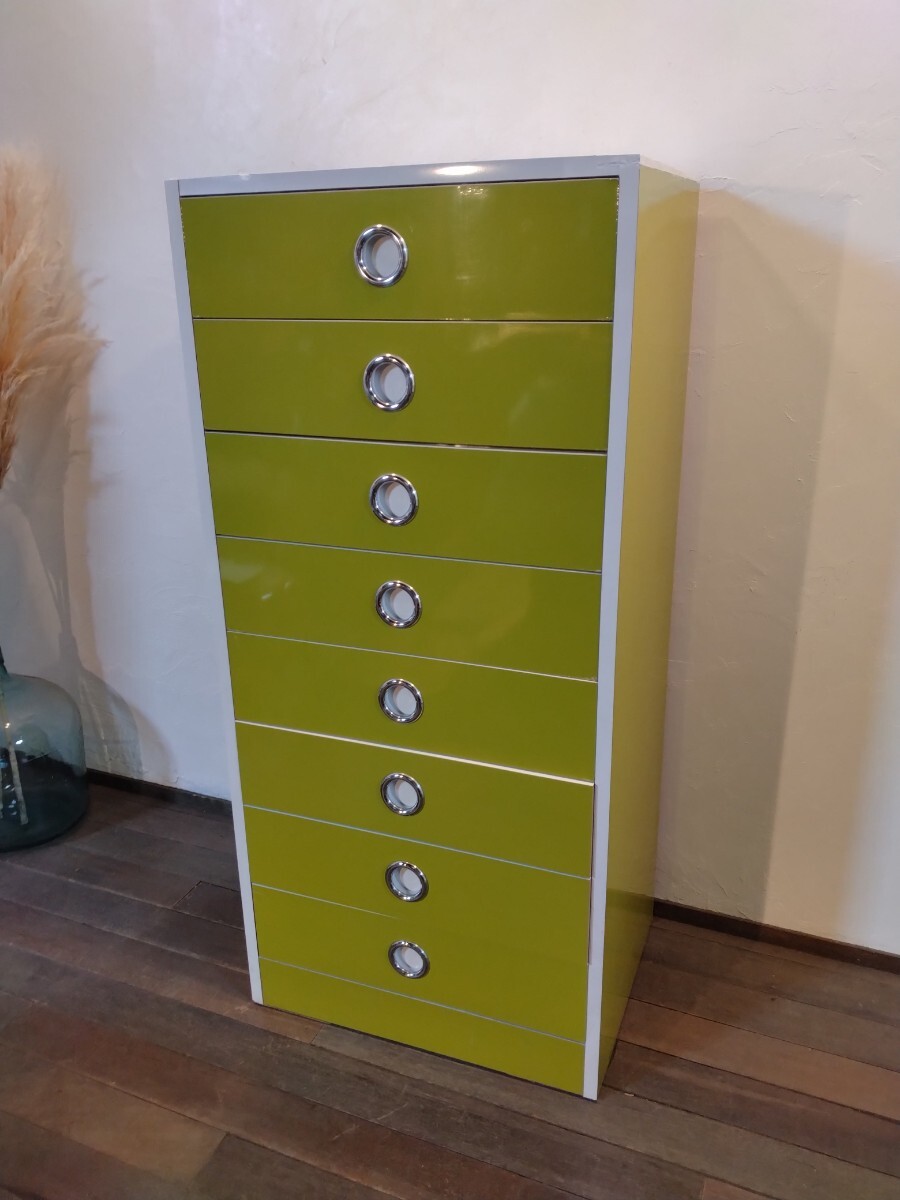 R60528-2 昭和系 レトロポップ グリーンカラー 8段引き出し 高さ約130cm幅約59.5cm 奥行44cm
