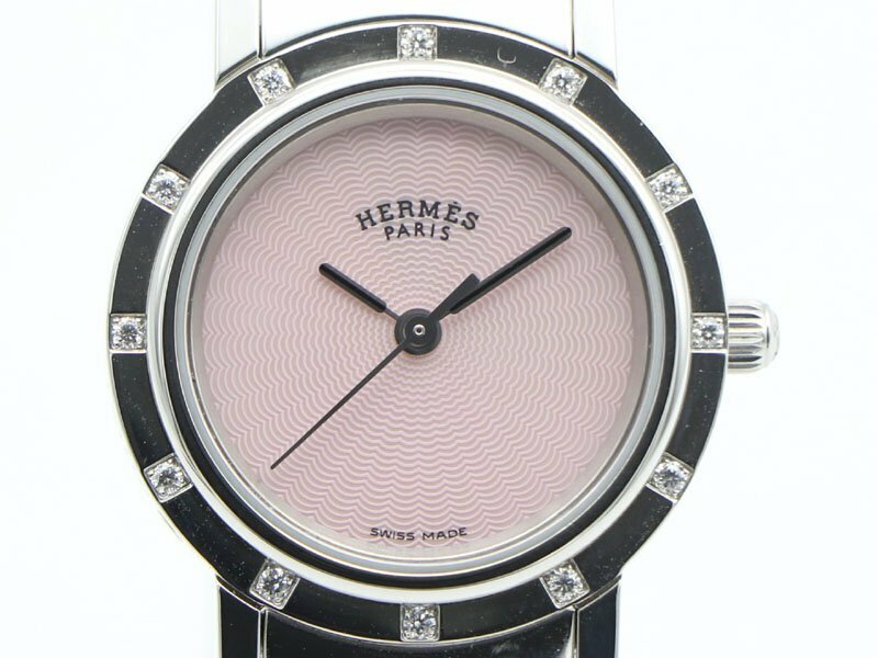 【 エルメス HERMES 】 CL4.230 クリッパー ナクレ 12Ｐダイヤベゼル ピンクシェル SS クォーツ レディース □新着 2190-0