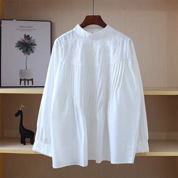 yh zkホワイト　刺柄　長袖　綿100％　フリーサイズ　チュニック　トップス　ゆったりとした　ワイシャツ　上着　オシャレ　