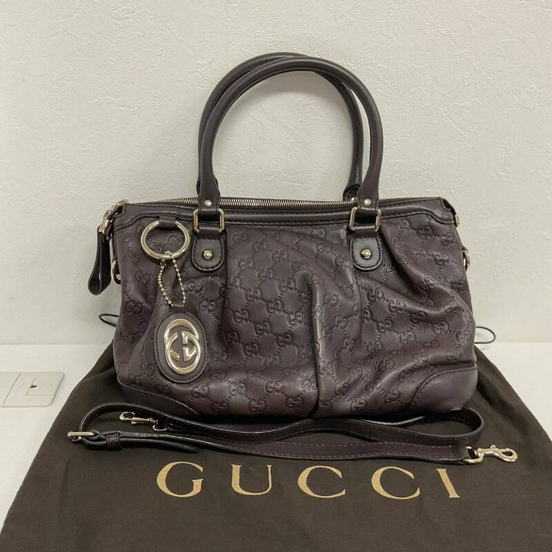 営HS057-80◆ GUCCI グッチ GG シマ スーキー ブラウン レザー 2WAY ショルダーバッグ ハンドバッグ 247902 520981