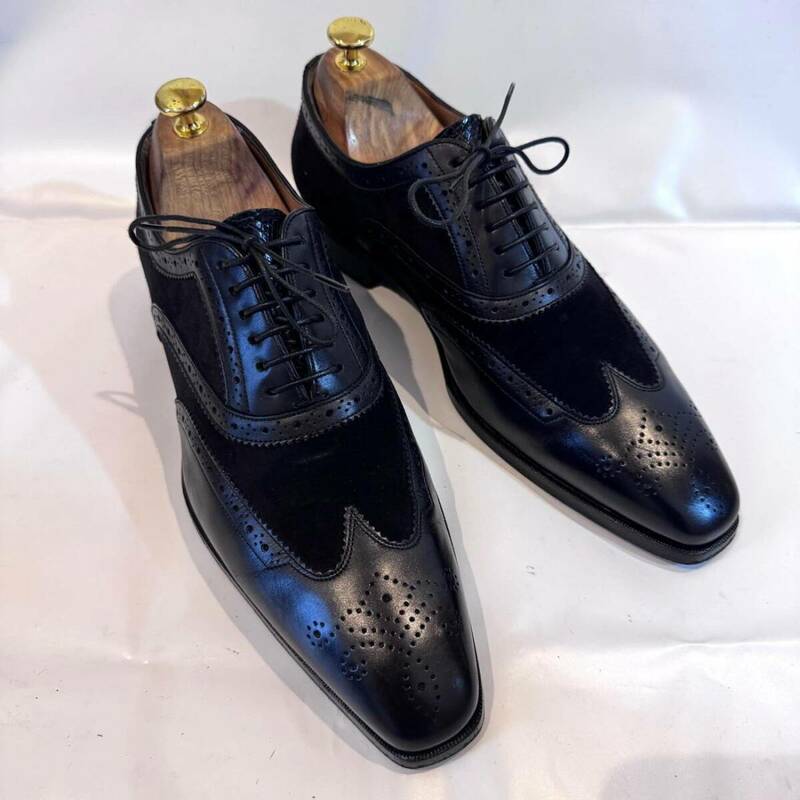 Santoni サントーニ スエードレザーコンビ ウイングチップシューズ 6.5(25.5cm) レザーシューズ メンズ 革靴 ブラック イタリア製 男性用