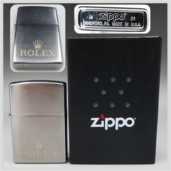 zippo ジッポー オイル ライター 2021年 ROLEX ロレックス ロゴ 火種確認済 ★ 希少品 箱 スタンド ディスプレイ コレクション 22-0102-01