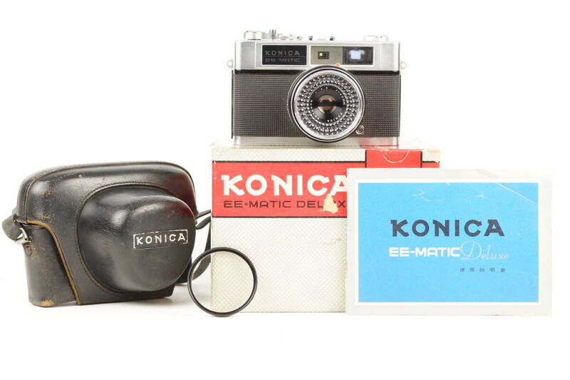 コニカ KONICA EE-MATIC DELUXE レンジファインダーカメラ 純正本革ケース 元箱 取説付 ジャンク 3853
