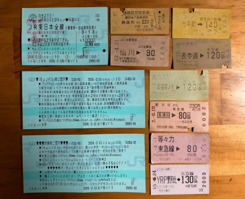 JR東日本 旅せよ平日！『キュンパス』使用済み切符＋昔の都営・営団地下鉄、東急、京急、京王切符8枚