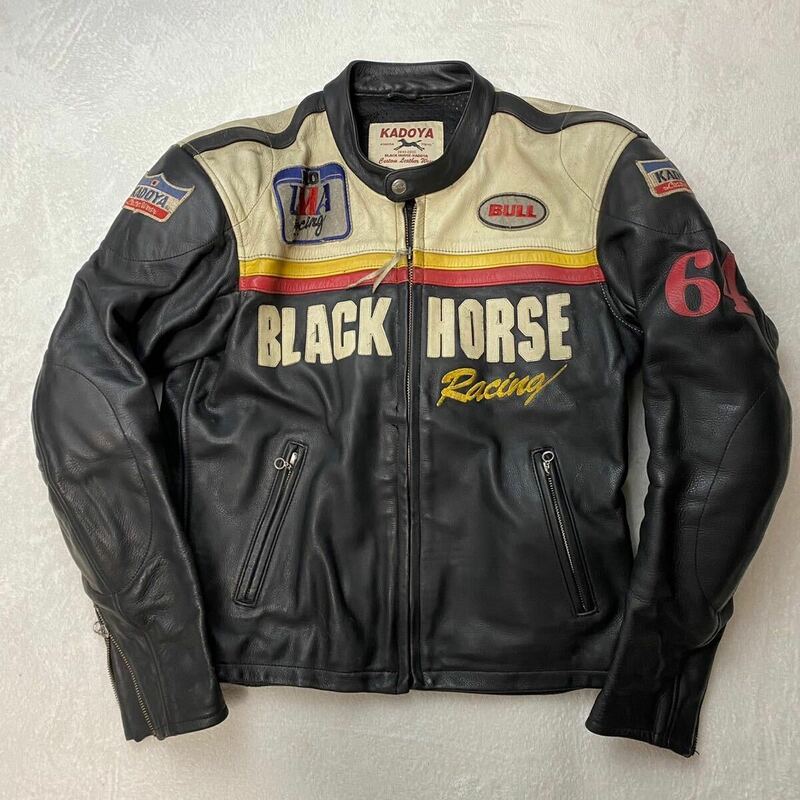 【廃盤 希少L】KADOYA BHR-JAC BLACK HORSE RACING カドヤ ブラックホース レザー 牛革 ライダースジャケット バイクウェア K'S LETHER 黒