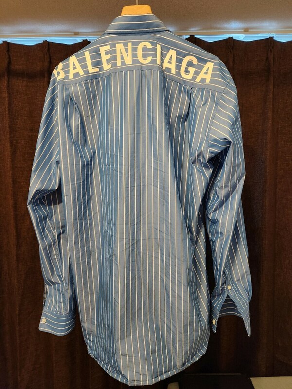 美品 正規品 BALENCIAGA バレンシアガ シャツ ロゴ ストライプ シャツ オーバーサイズ 37 ブルー ホワイト ストリート ハイブランド