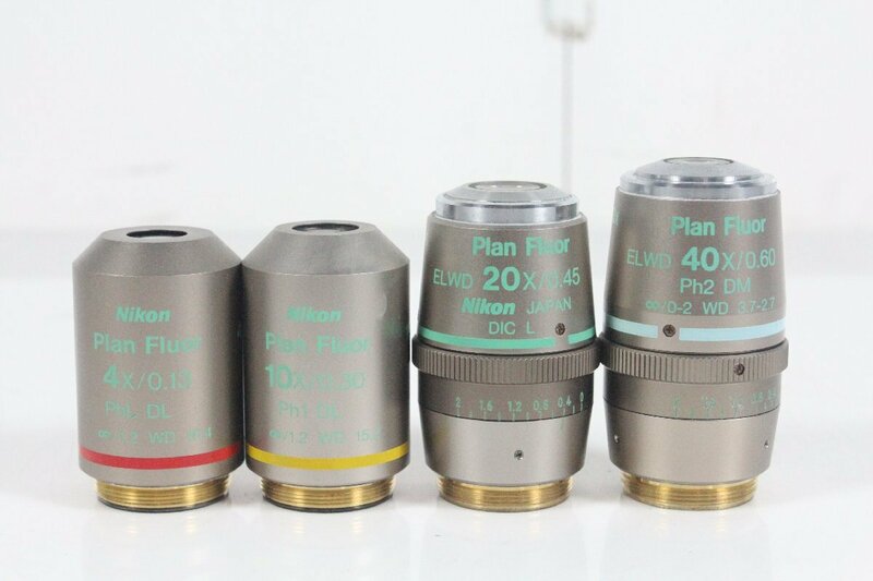 Nikon Plan Fluor 顕微鏡用 対物レンズ 4本セット 4X/0.13 PhL DL 10X/0.30 Ph1 DL ELWD 20X/0.45 DIC L ELWD 40X/0.60 DIC M 【現状品】