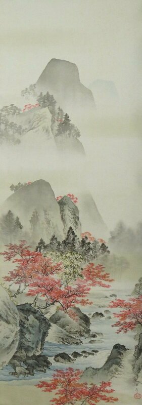 ◆◇掛軸 川端玉章 工芸画 秋景山水 半切立 hanging scroll◇◆初秋 晩秋 普段掛け 風景画 JY1858