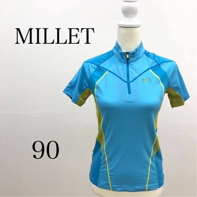 【MILLET】ミレー　ハーフジップ 半袖シャツ（Sサイズ相当）水色×黄色　デザイン柄　登山　スポーツ　スポーツウェア　軽量　速乾性　