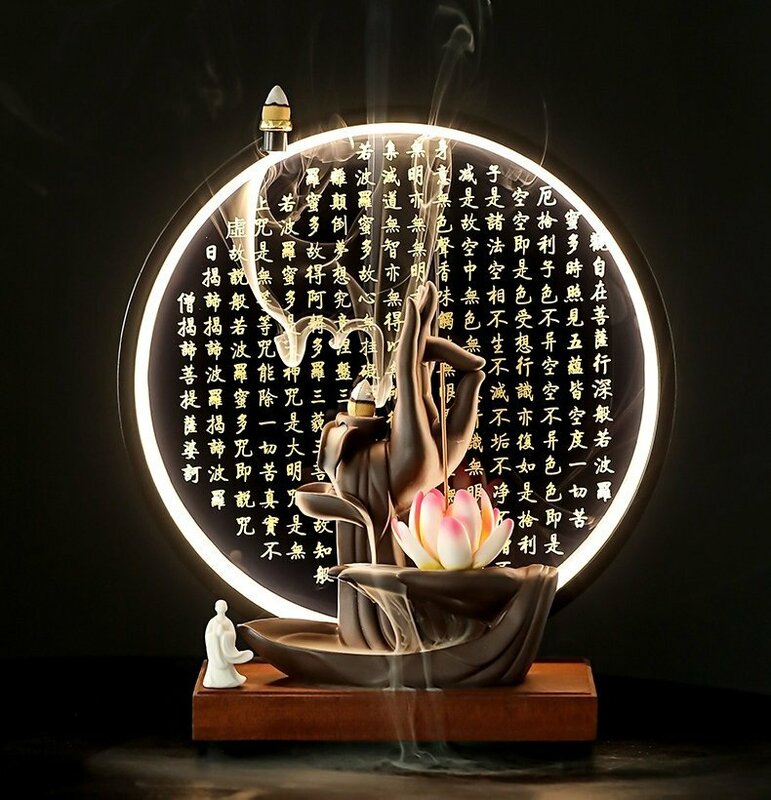 仏教美術　仏の手　蓮の花　仏像　仏教美品　台座付き　ライト付き　インテリア　装飾品 工芸品　禅の置物 逆流香 zh88