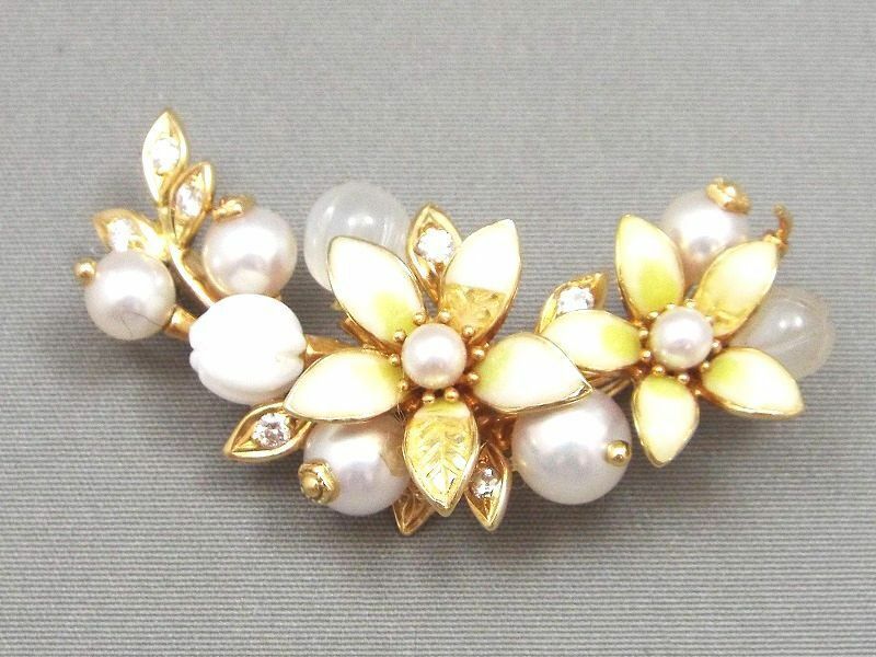 1円〜!! MIKIMOTO/ミキモト K18 本真珠 パール/ダイヤモンドetc フラワーモチーフ ブローチ アクセサリー/破損あり・難あり品 【8016y1】