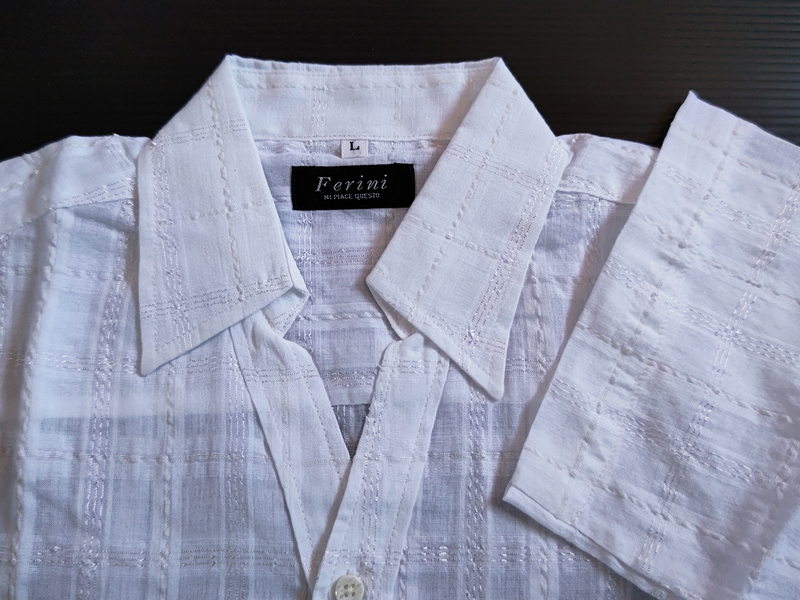 5B♪新古品♪スキッパー カジュアルシャツ(L)★白★チェック織柄 日本製　キラキラ糸 S1005B