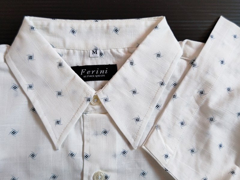 2B♪新古品♪綿カジュアルシャツ(M)★白★織柄とかすり風ドットプリント柄(ブルー・紺) 日本製 S1002B