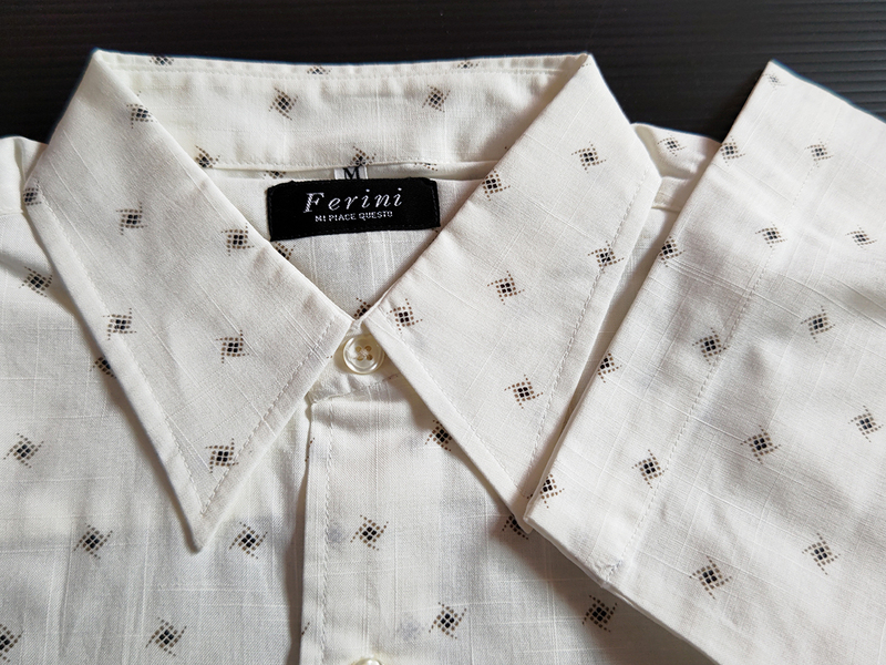 2C♪新古品♪綿カジュアルシャツ(M)★白★織柄とかすり風ドットプリント柄(薄茶・こげ茶) 日本製 S1002C