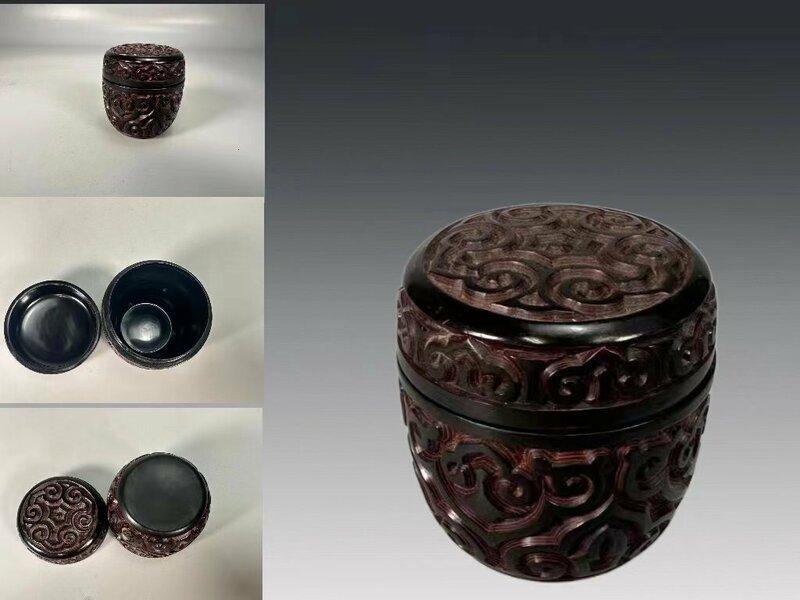 R0757 剔犀如意雲文棗 茶道具 煎茶道具 茶入 茶器 漆器 漆工芸 漆彫 中国美術 時代物