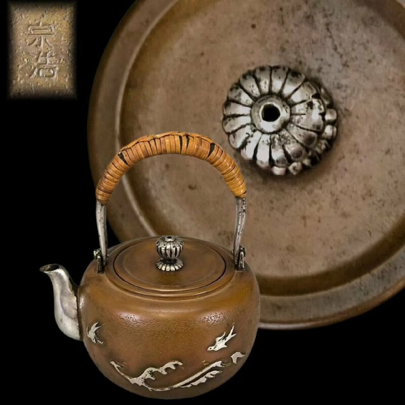 F0576AFZ 金工師 宗浩碗 銅被銀瓶 銀象嵌波千鳥紋 茶道具 煎茶道具 急須 茶注 茶器 重226g