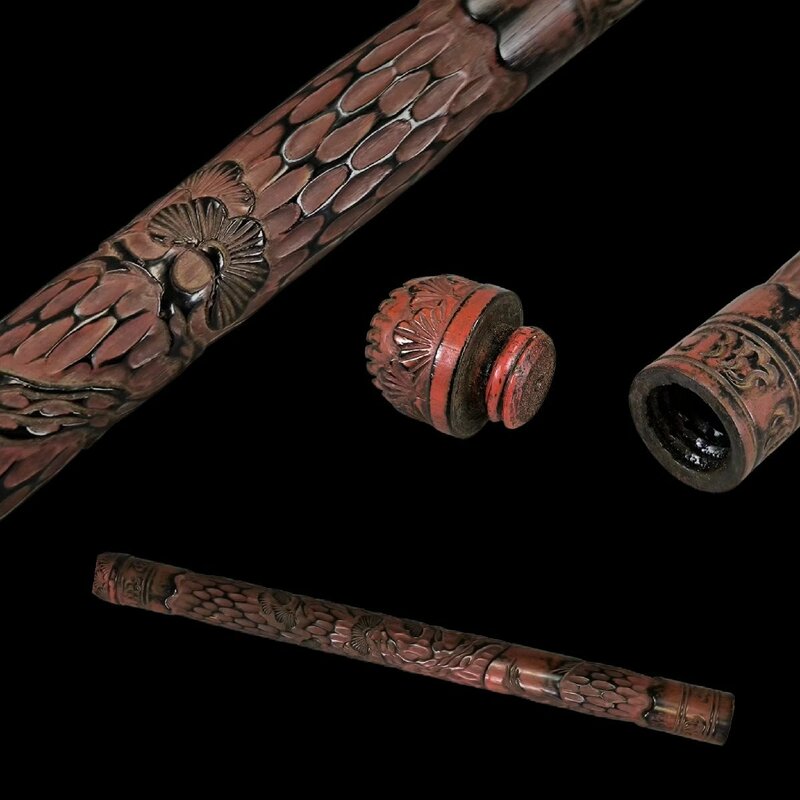 F0561B 香筒 竹製 朱塗松紋彫 香道具 茶道具 線香筒 竹工芸 時代物