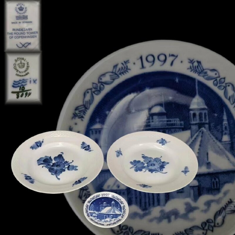 F0681A6 ROYAL COPENHAGENロイヤルコペンハーゲン 皿3点 青い模様 1997雪まつり記念 飾皿 菓子皿 菓子器 置物 西洋美術