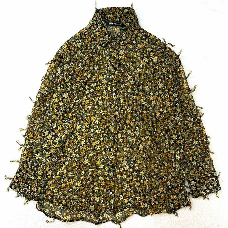 ZARA ザラ 花柄シャツ 総柄シャツ シアーシャツ 長袖シャツ ブラウス 透け感 カジュアル USAXSサイズ M〜L相当