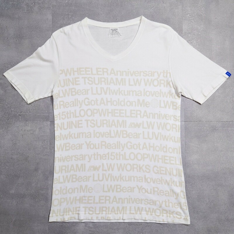 Loopwheeler ループウィラー 15周年記念 総柄 Vネック Tシャツ MEDIUM ホワイト Made in JAPAN 日本製 半袖 白 限定 