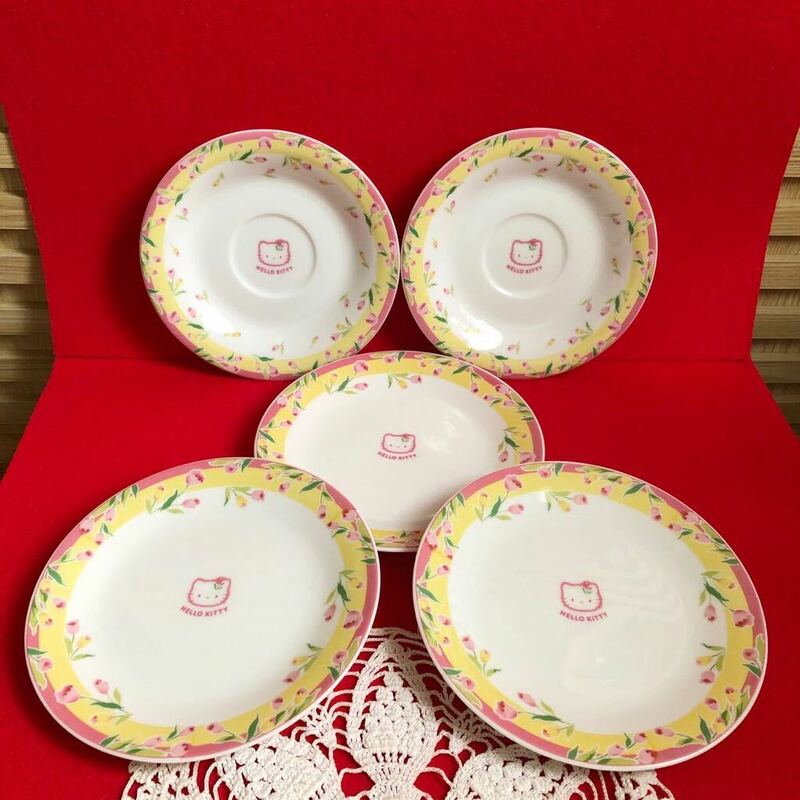 ハローキティ　キティちゃん　皿　小皿　ソーサー　5点セット　陶器　日本製　チューリップ　花柄　2000年　サンリオ