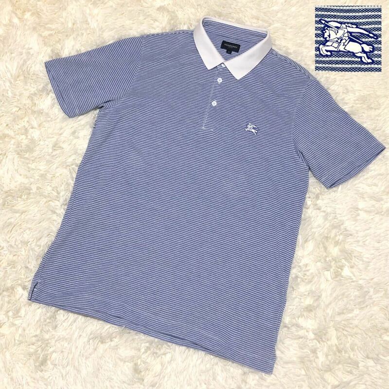 【美品】BURBERRY GOLF バーバリー ゴルフ ポロシャツ ホースロゴ 青 ブルー ストライプ サイズ4 XL LL