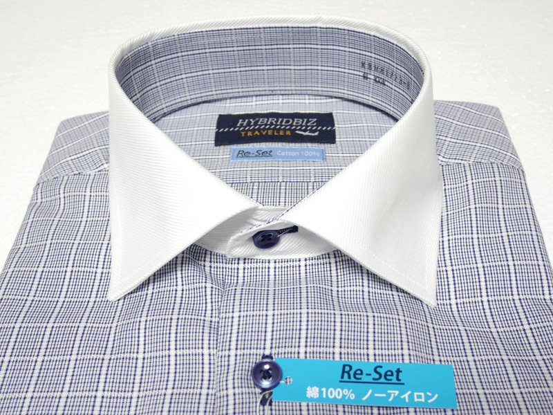新品 送料無料 M 39-82 ドレスシャツ クレリック 綿100％ 標準 BASIC BODY ワイドカラー 形態安定 ブルー チェック HYBRIDBIZ ノーアイロン