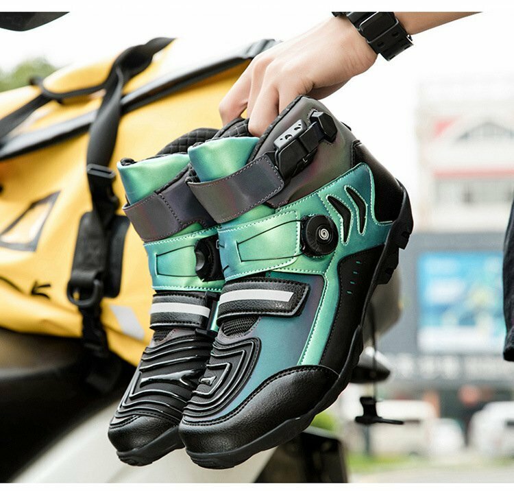 オートバイ ブーツ 靴 バイクブーツ ライディングシューズ 履きやすい 反射 光沢のある 通気性 耐磨耗性 滑り止め グリーン 27.5cm