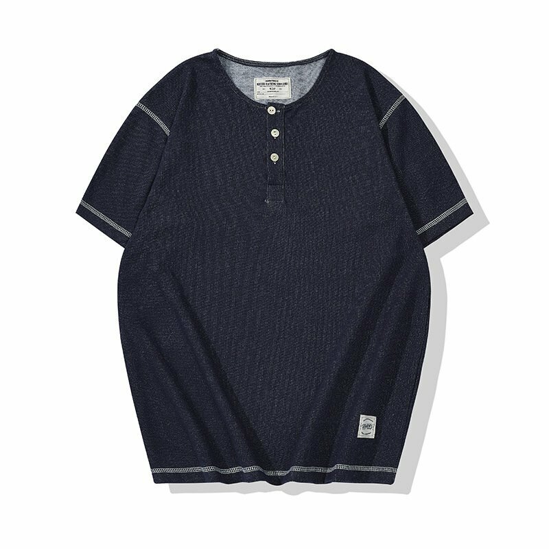 レトロ デニム Tシャツ ストレッチ生地 ヘンリーネック 綿100% 半袖 Tシャツ メンズ 無地 ネイビー XL