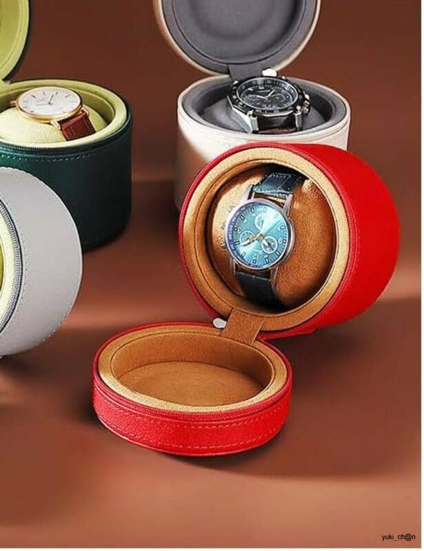 腕時計ケース 時計携帯 レッド 1本用 時計ケース 筒型 厚手 レザー腕時計収納 腕時計携帯 収納ボックス コレクションケース 旅行 出張 持運
