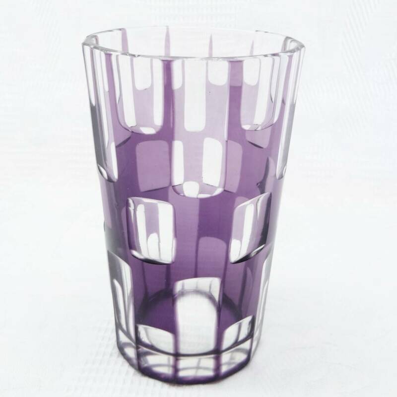 L21 大正ロマン 古ガラス 紫 色被せ 切子グラス 市松 昭和レトロ